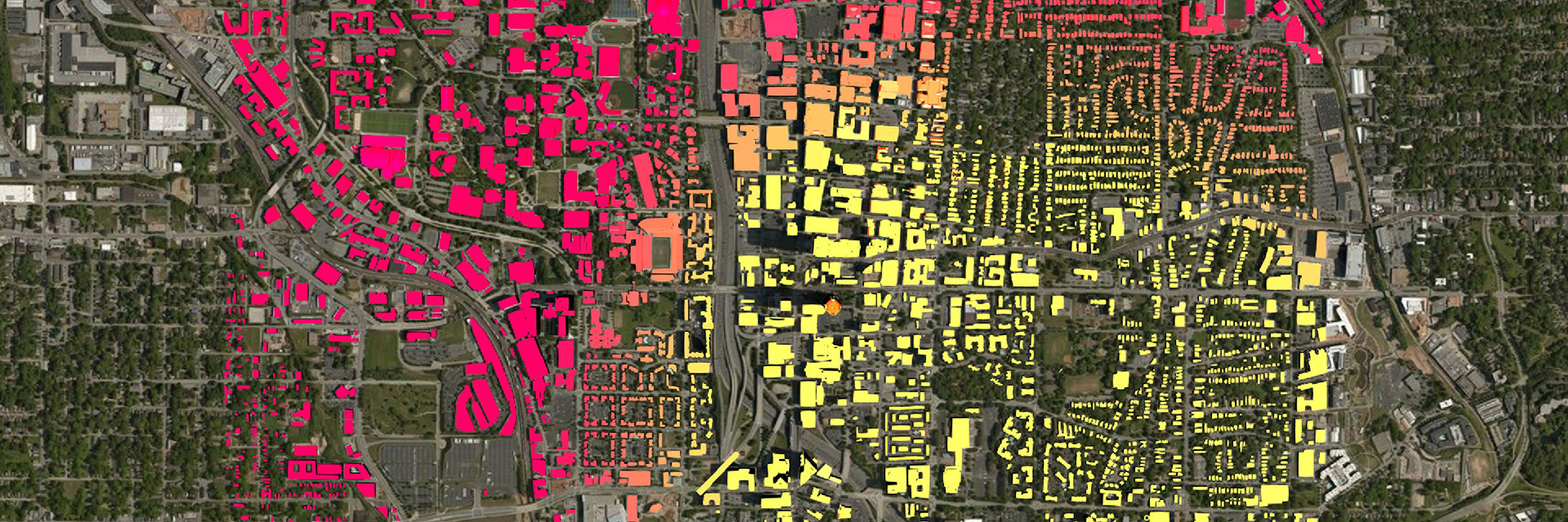 Heat map with red and yellow colors showing digitally connected parts of a city.